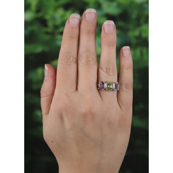 Sterling Silver Natural Amethyst, Peridot, Blue Topaz Ring Band Size 8 - Picture 2 of 8